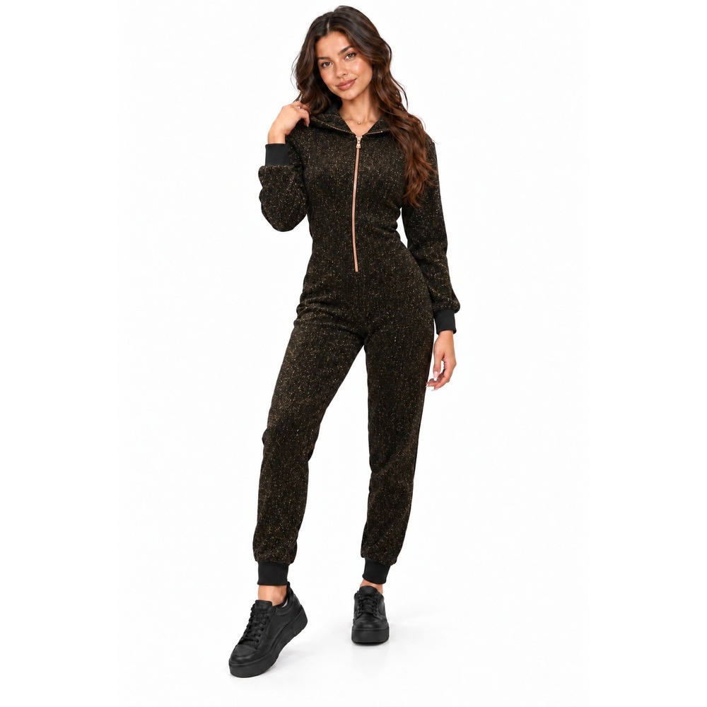 Glitter Hooded Savage X Fenty Jumpsuit Metallic Zip Front Extra Small Black